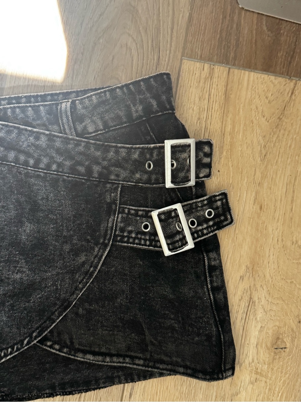 SHEIN Black Washed Denim Mini Skirt with Double Buckle Wrap size medium - Picture 2 of 8